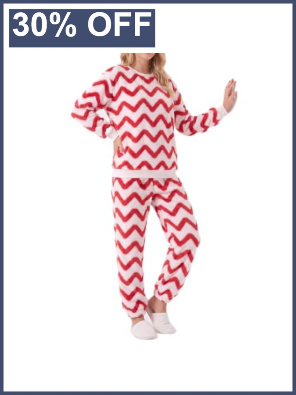 Fleece Pajama Set Plush Zigzag 2-Piece Long Sleeve Top Jogger Pants